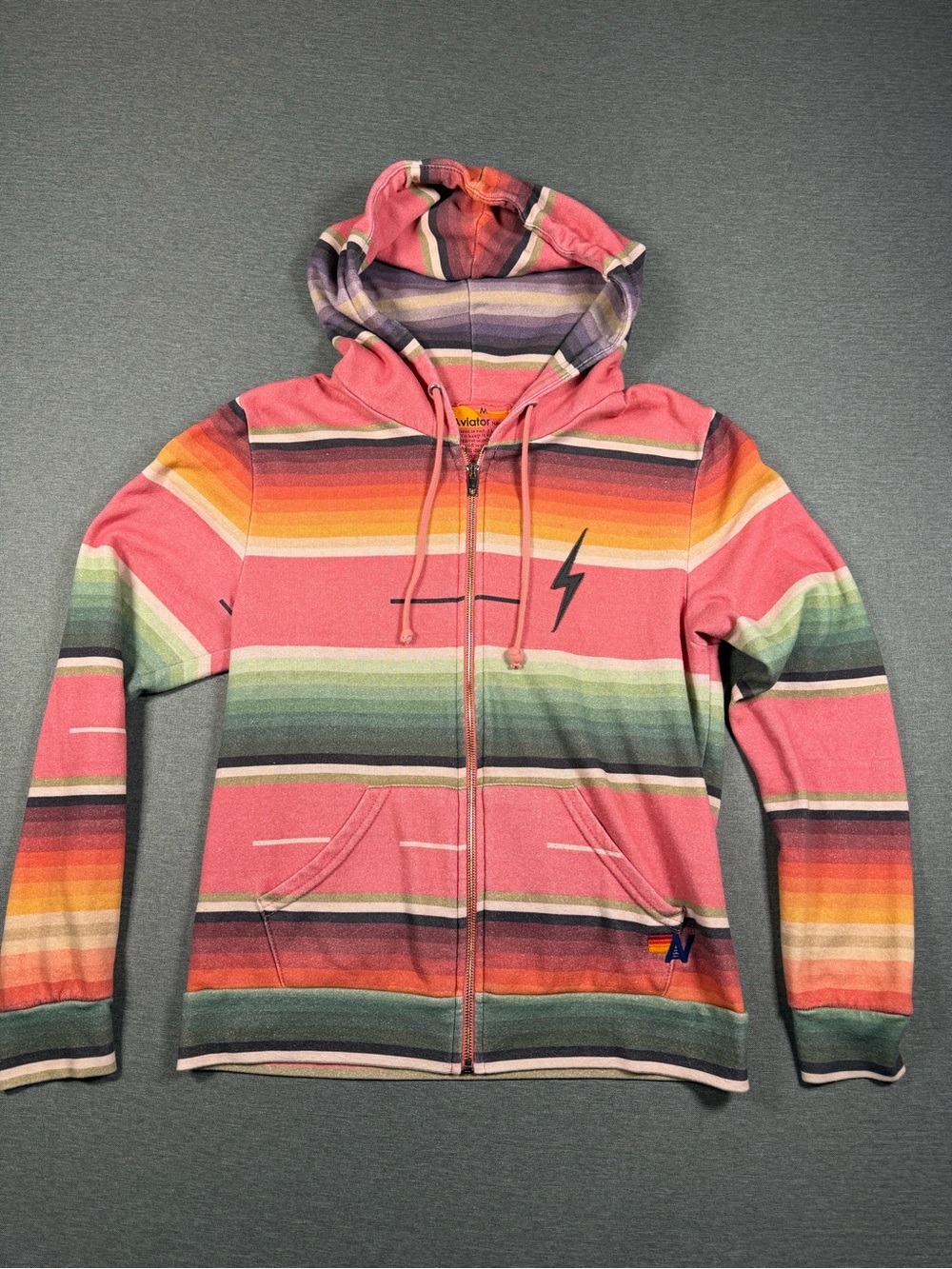 Aviator Nation Pink Striped Zip-Up Hoodie Sweater